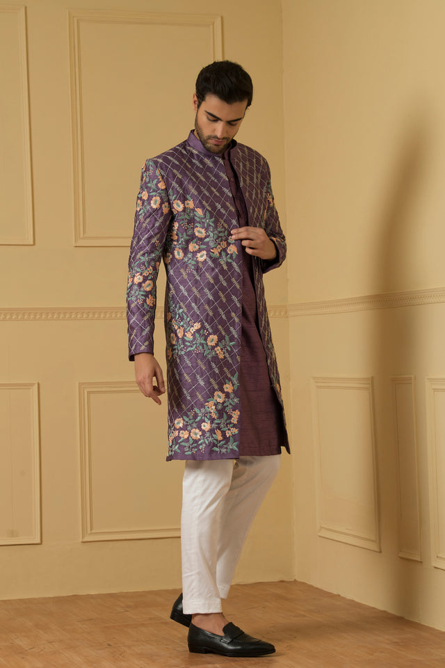 Sueno — Purple Heavy Zari Embroidered Semi Raw Silk Open Indo-Western