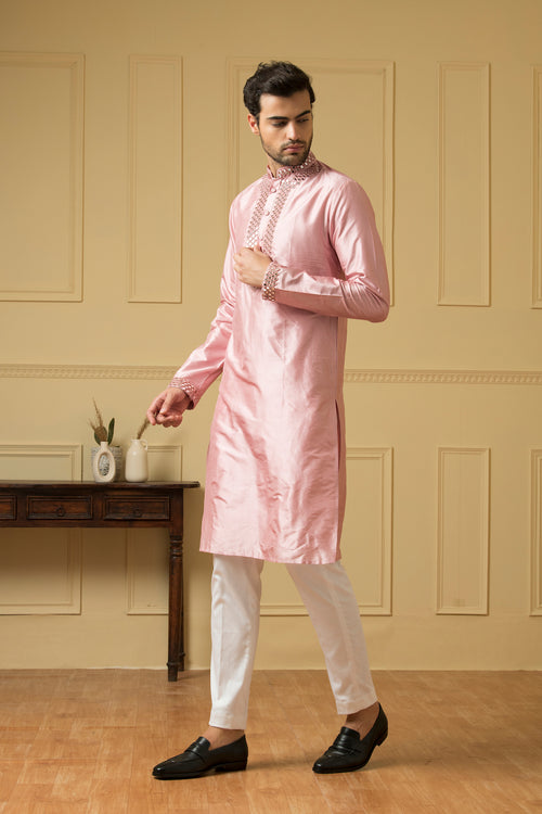 Elegencia — Pink Hand Mirror Embroidered Dupion Silk Kurta