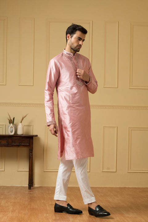 Elegencia — Pink Hand Mirror Embroidered Dupion Silk Kurta