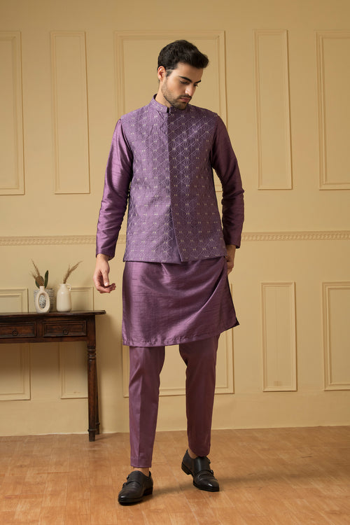 Sombra — Purple Thread Embroidered Semi Raw Silk Nehru Jacket