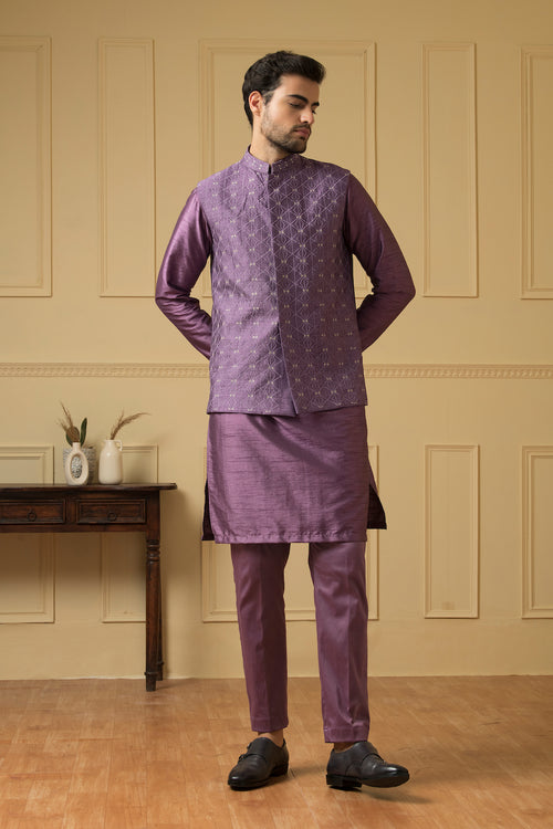 Sombra — Purple Thread Embroidered Semi Raw Silk Nehru Jacket