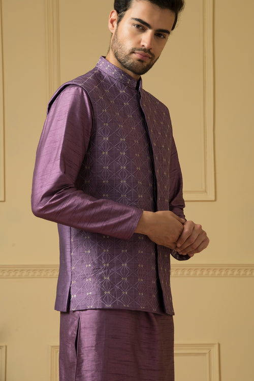 Sombra — Purple Thread Embroidered Semi Raw Silk Nehru Jacket