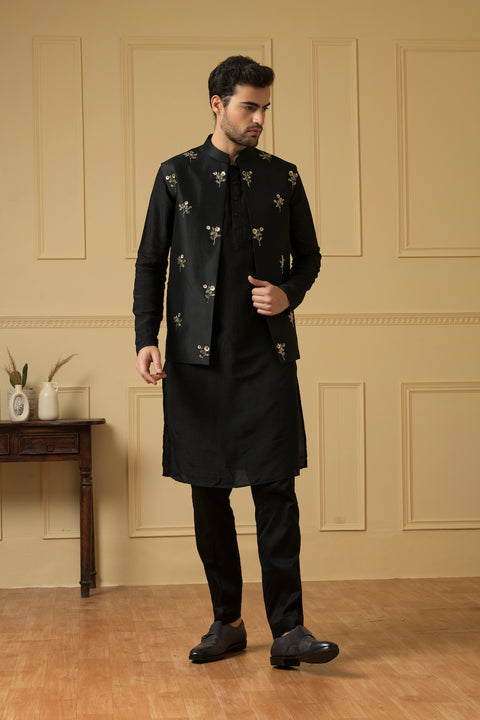 Intenso — Black Hand Embroidered Dupion Silk Indo-Western Jacket