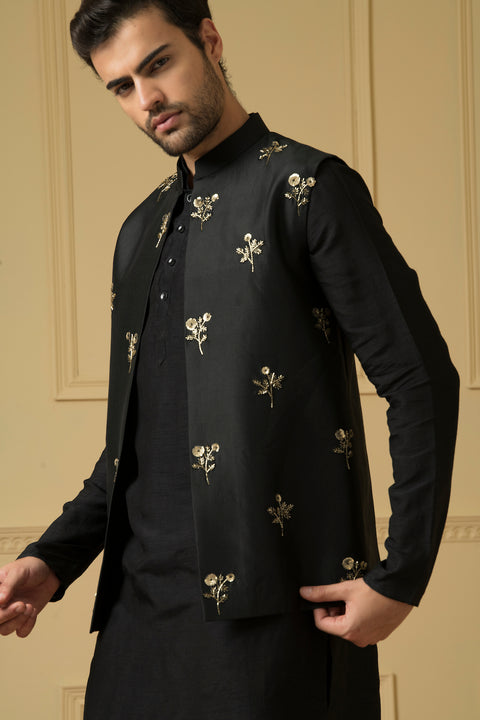 Intenso — Black Hand Embroidered Dupion Silk Indo-Western Jacket