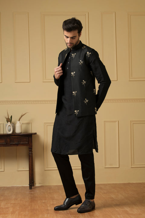 Intenso — Black Hand Embroidered Dupion Silk Indo-Western Jacket