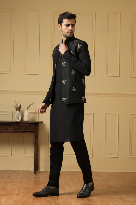 Intenso — Black Hand Embroidered Dupion Silk Indo-Western Jacket