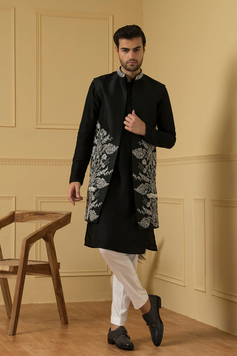 Alegre — Black Silver Zari Embroidered Dupion Silk Indo-Western Jacket