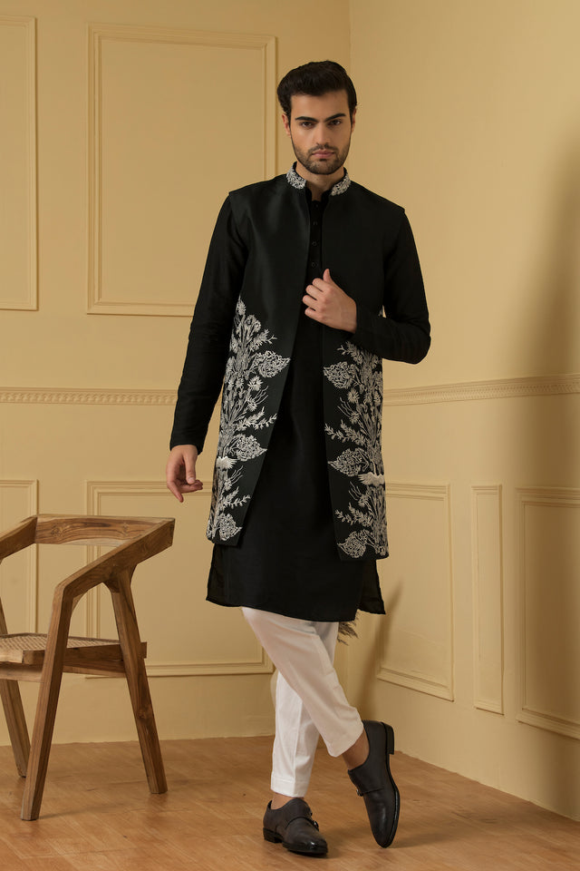 Alegre — Black Silver Zari Embroidered Dupion Silk Indo-Western Jacket