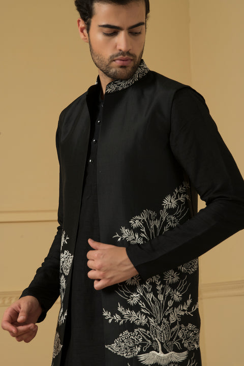 Alegre — Black Silver Zari Embroidered Dupion Silk Indo-Western Jacket