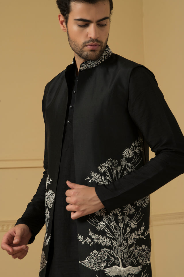 Alegre — Black Silver Zari Embroidered Dupion Silk Indo-Western Jacket