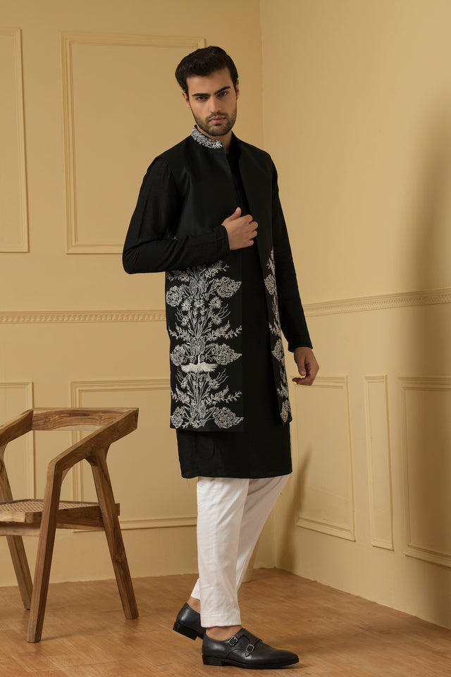 Alegre — Black Silver Zari Embroidered Dupion Silk Indo-Western Jacket