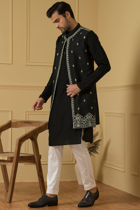 Deseo — Black Thread Embroidered Dupion Silk Indo-Western Jacket