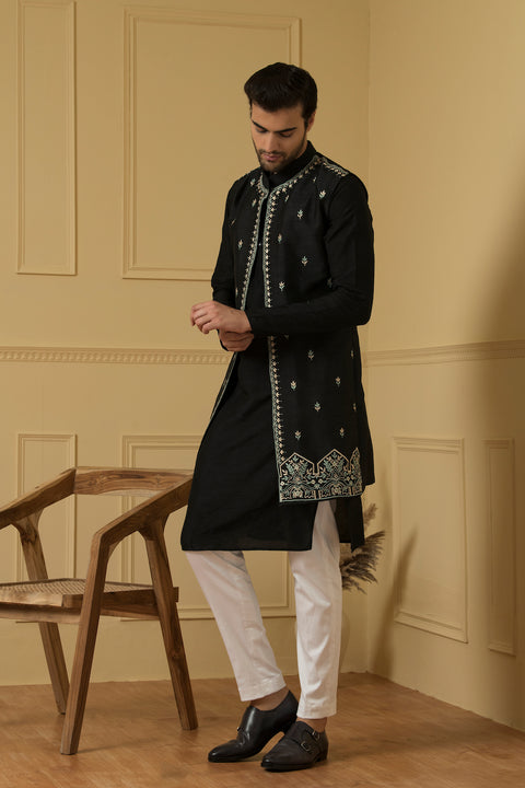 Deseo — Black Thread Embroidered Dupion Silk Indo-Western Jacket