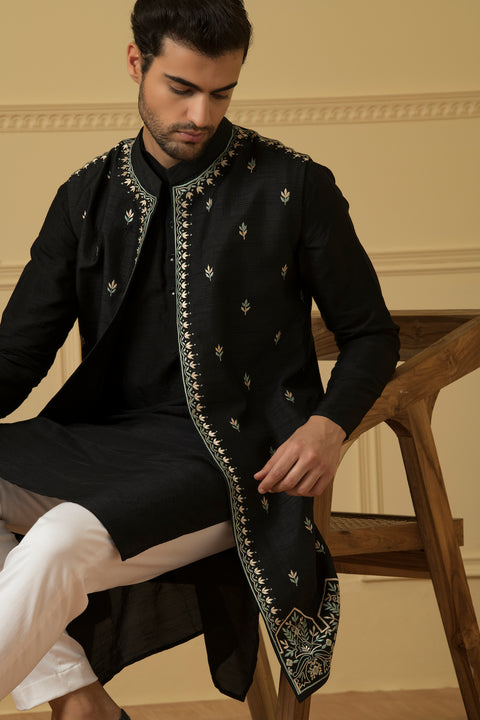 Deseo — Black Thread Embroidered Dupion Silk Indo-Western Jacket