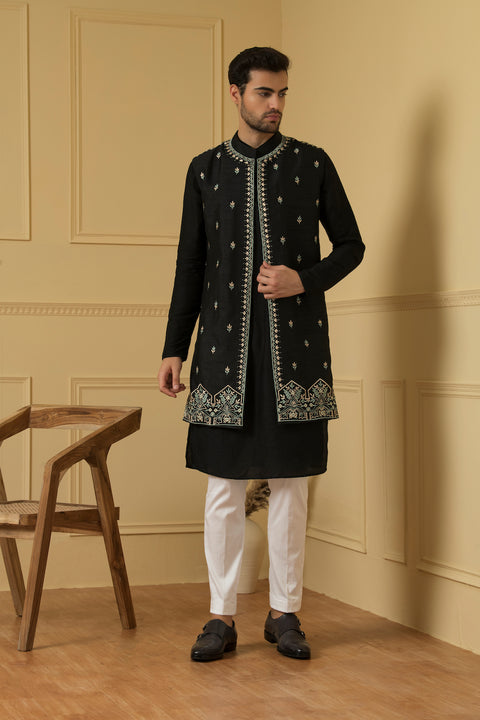 Deseo — Black Thread Embroidered Dupion Silk Indo-Western Jacket