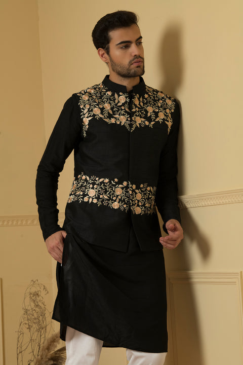 Sereno — Black Thread Embroidered Semi Raw Silk Nehru Jacket