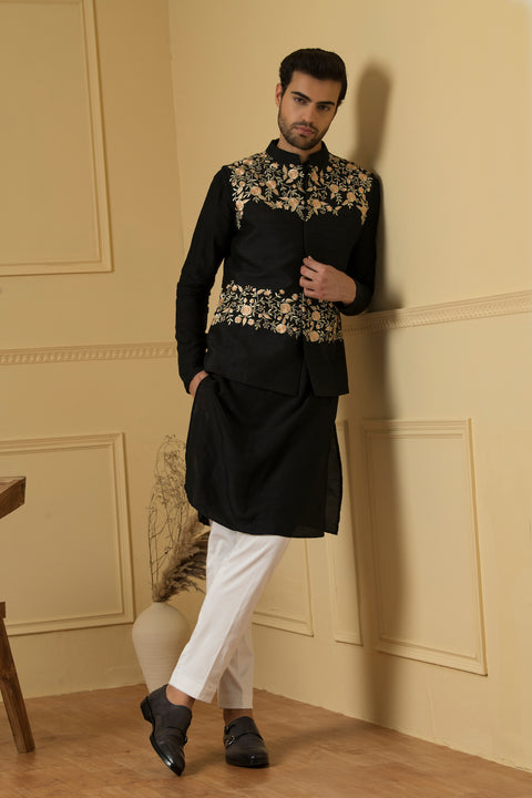 Sereno — Black Thread Embroidered Semi Raw Silk Nehru Jacket