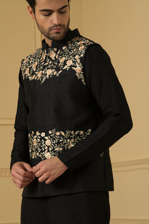 Sereno — Black Thread Embroidered Semi Raw Silk Nehru Jacket