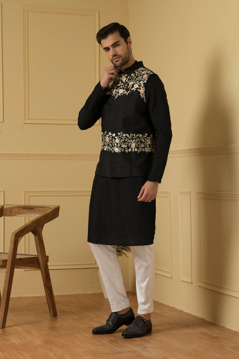 Sereno — Black Thread Embroidered Semi Raw Silk Nehru Jacket