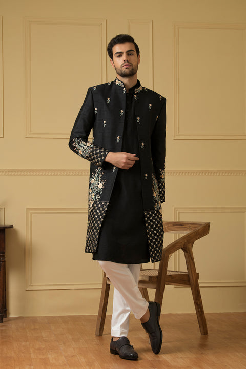 Estrella — Black Thread Embroidered Semi Raw Silk Indo-Western Jacket