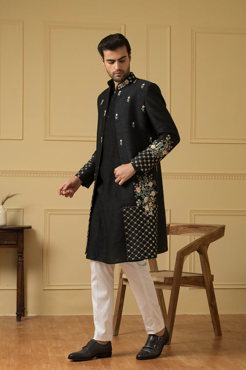 Estrella — Black Thread Embroidered Semi Raw Silk Indo-Western Jacket