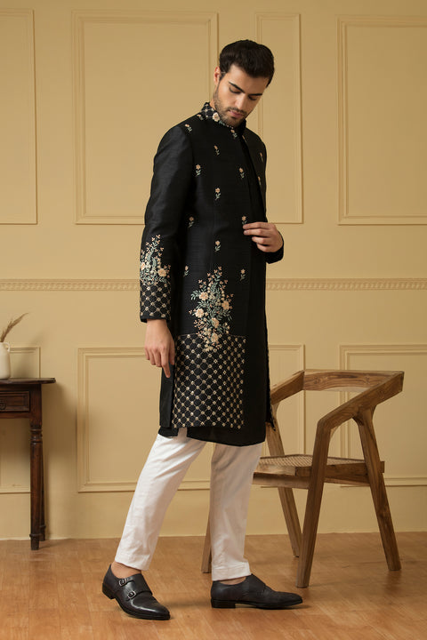 Estrella — Black Thread Embroidered Semi Raw Silk Indo-Western Jacket