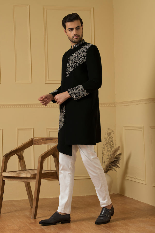 Dulce — Black Hand Embroidered Imported Italian Fabric Indo-Western
