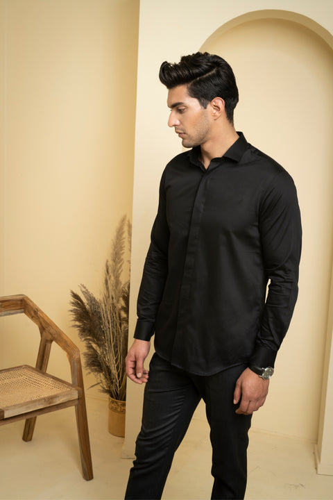 Perto — Black Solid Giza Cotton Shirt