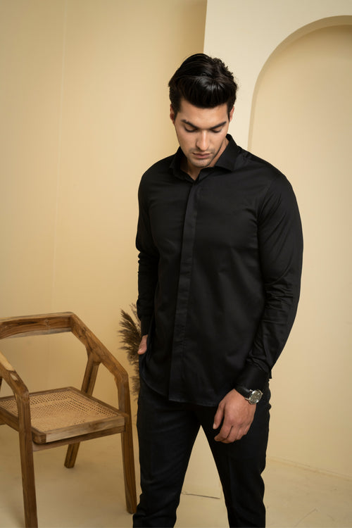 Perto — Black Solid Giza Cotton Shirt