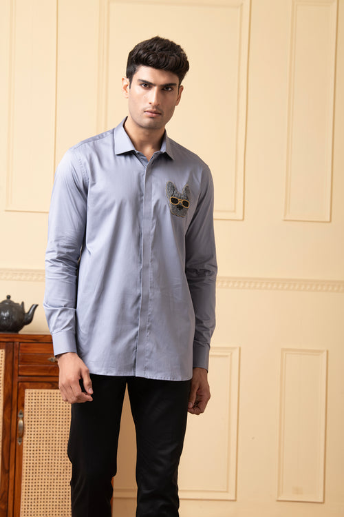 Amigo — Grey Hand Embroidered Giza Cotton Shirt