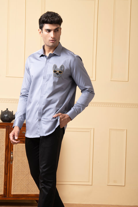 Amigo — Grey Hand Embroidered Giza Cotton Shirt
