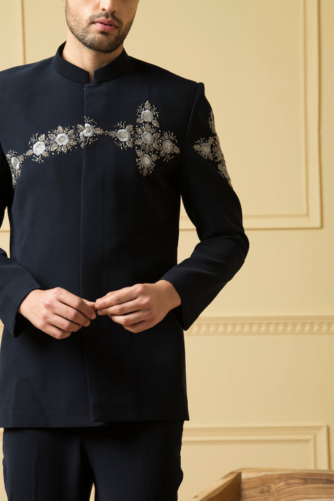 Noble — Greyish Blue Zardosi Embroidered British Fabric Bandhgala