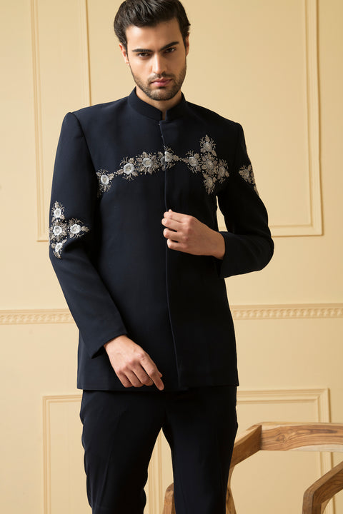 Noble — Greyish Blue Zardosi Embroidered British Fabric Bandhgala