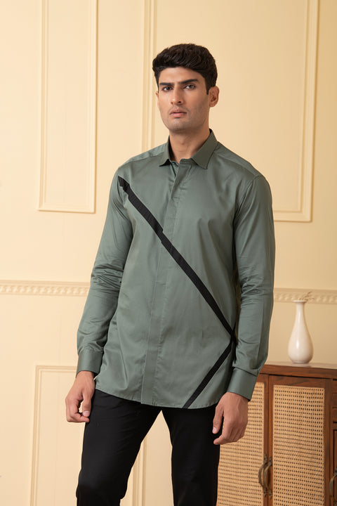 Viridian — Olive Green V-Strip Giza Cotton Shirt