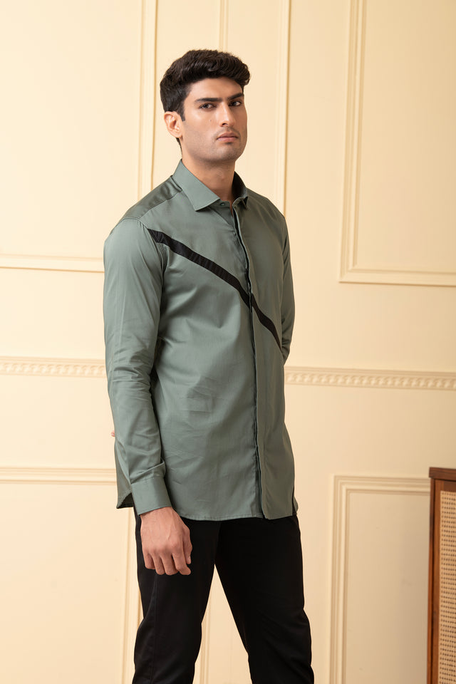 Viridian — Olive Green V-Strip Giza Cotton Shirt