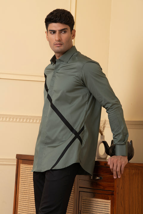 Viridian — Olive Green V-Strip Giza Cotton Shirt