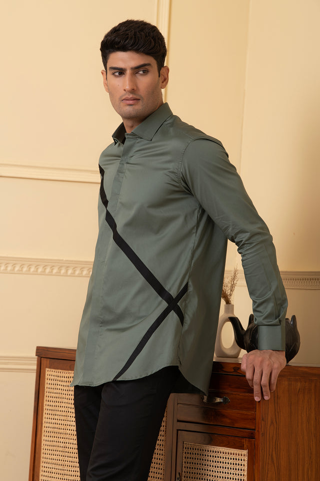 Viridian — Olive Green V-Strip Giza Cotton Shirt