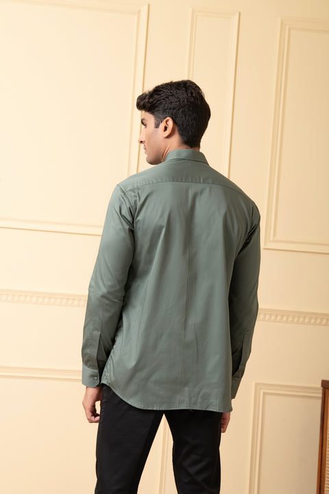 Viridian — Olive Green V-Strip Giza Cotton Shirt