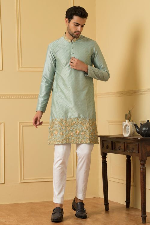 Blue hand-embroidered silk kurta with all-over zari work — Aura by HILO DESIGN