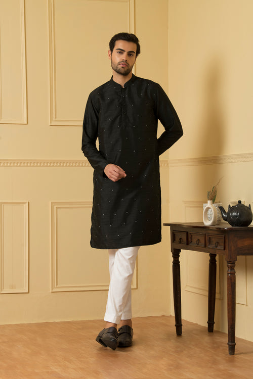 Estilo — Black Embroidered Falling Raw Silk Kurta