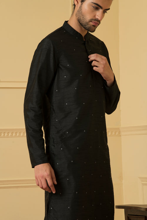 Estilo — Black Embroidered Falling Raw Silk Kurta