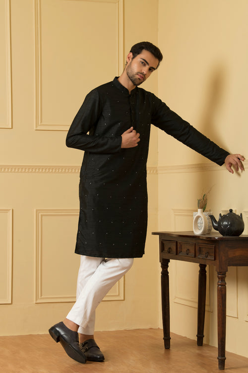 Estilo — Black Embroidered Falling Raw Silk Kurta