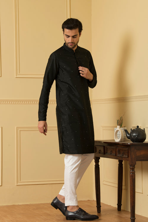 Estilo — Black Embroidered Falling Raw Silk Kurta