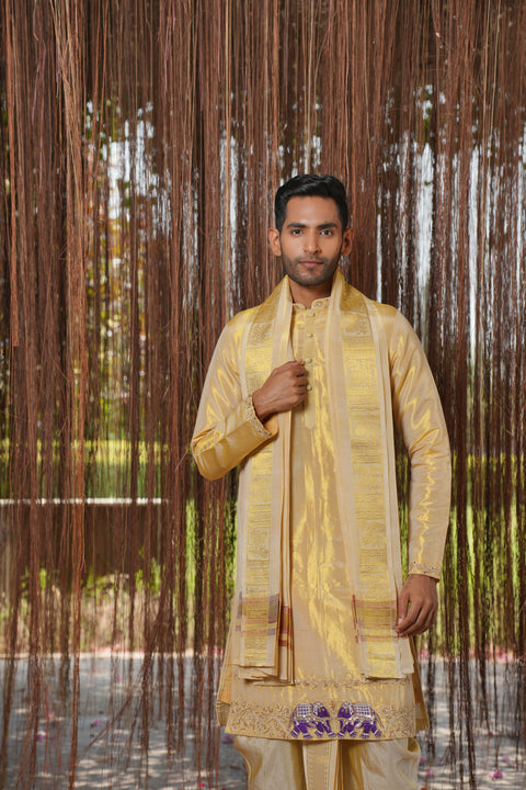 Close-up of hand-embroidered elephants on a gold pattu kurta