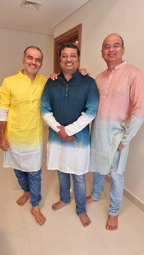 Three men in HILO DESIGN ombre kurtas for Deepawali