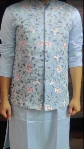 HILO DESIGN Powder Blue embroidered Nehru jacket worn over a kurta