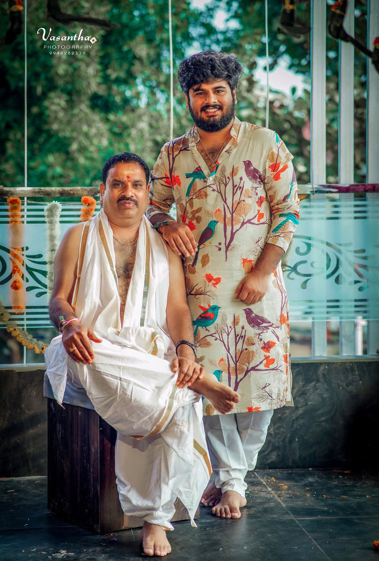 HILO DESIGN customers in a printed kurta and a traditional pattu set at a family function