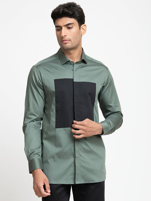 Olinoir — Black & Olive Patch Giza Cotton Shirt
