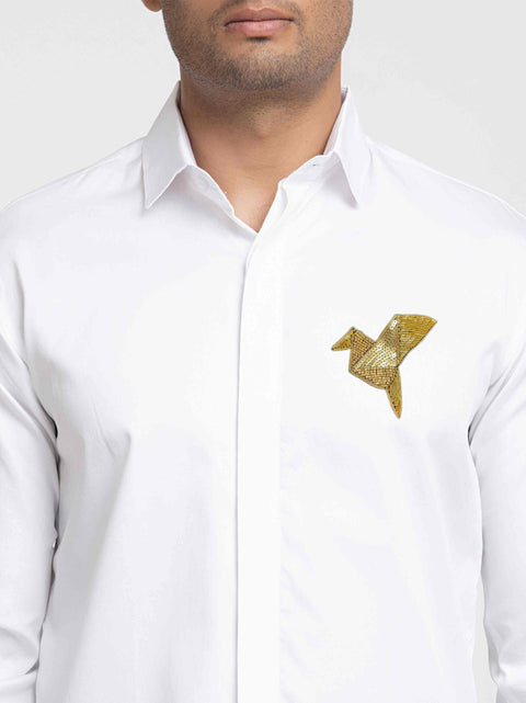 Soar — White Bird Hand Embroidered Giza Cotton Shirt