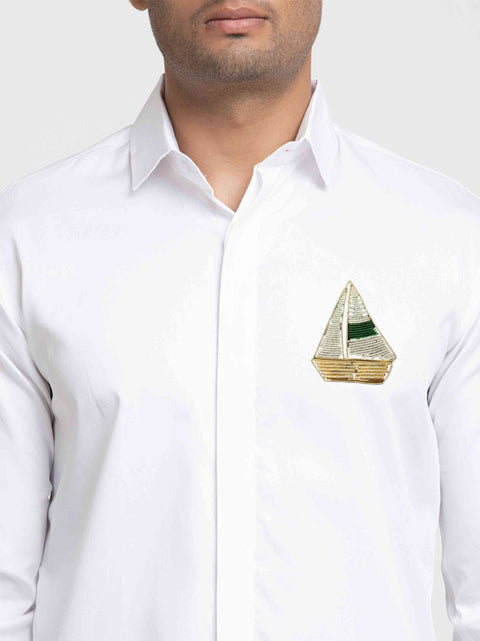 Canoe — White Hand Embroidered Giza Cotton Shirt